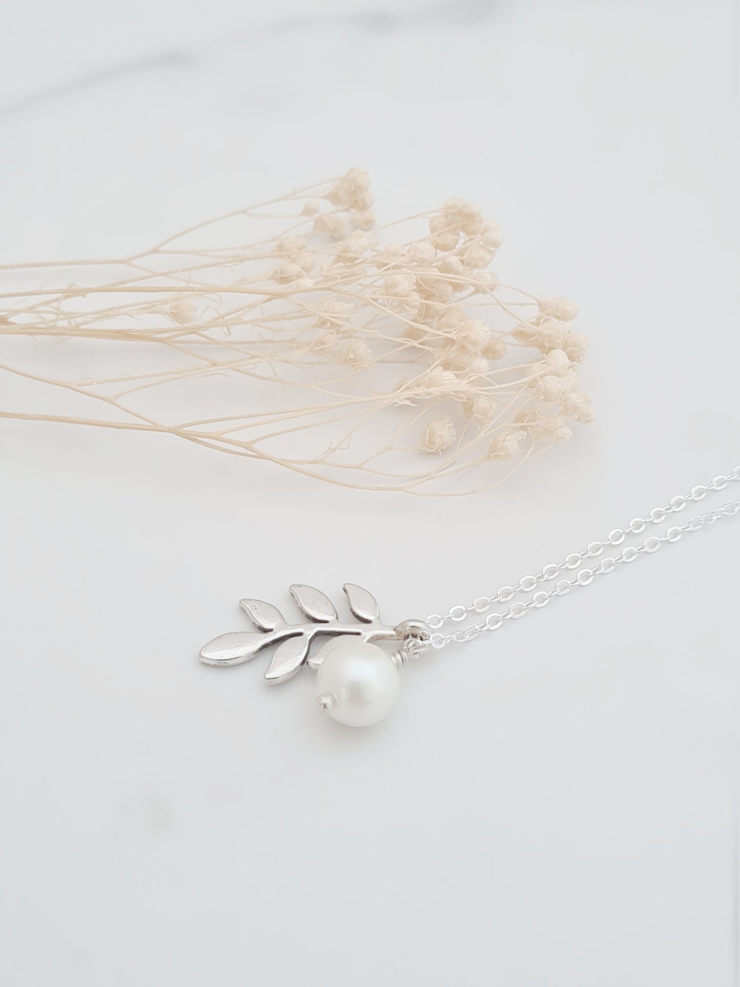 Silver Leaf and Pearl Necklace