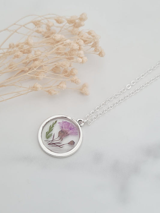 Purple Flower Fern Leaf Pendant Necklace