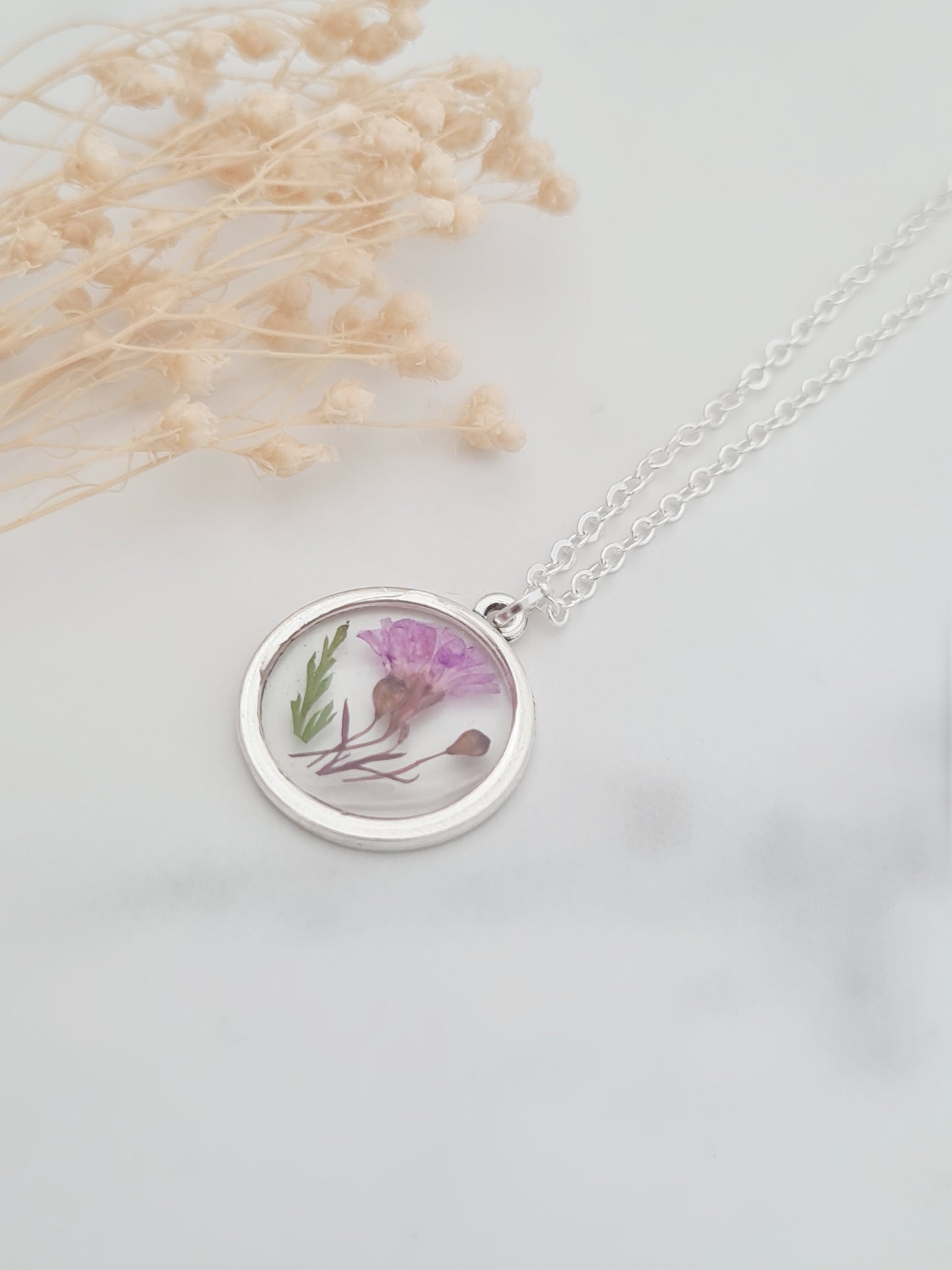 Purple Flower Fern Leaf Pendant Necklace