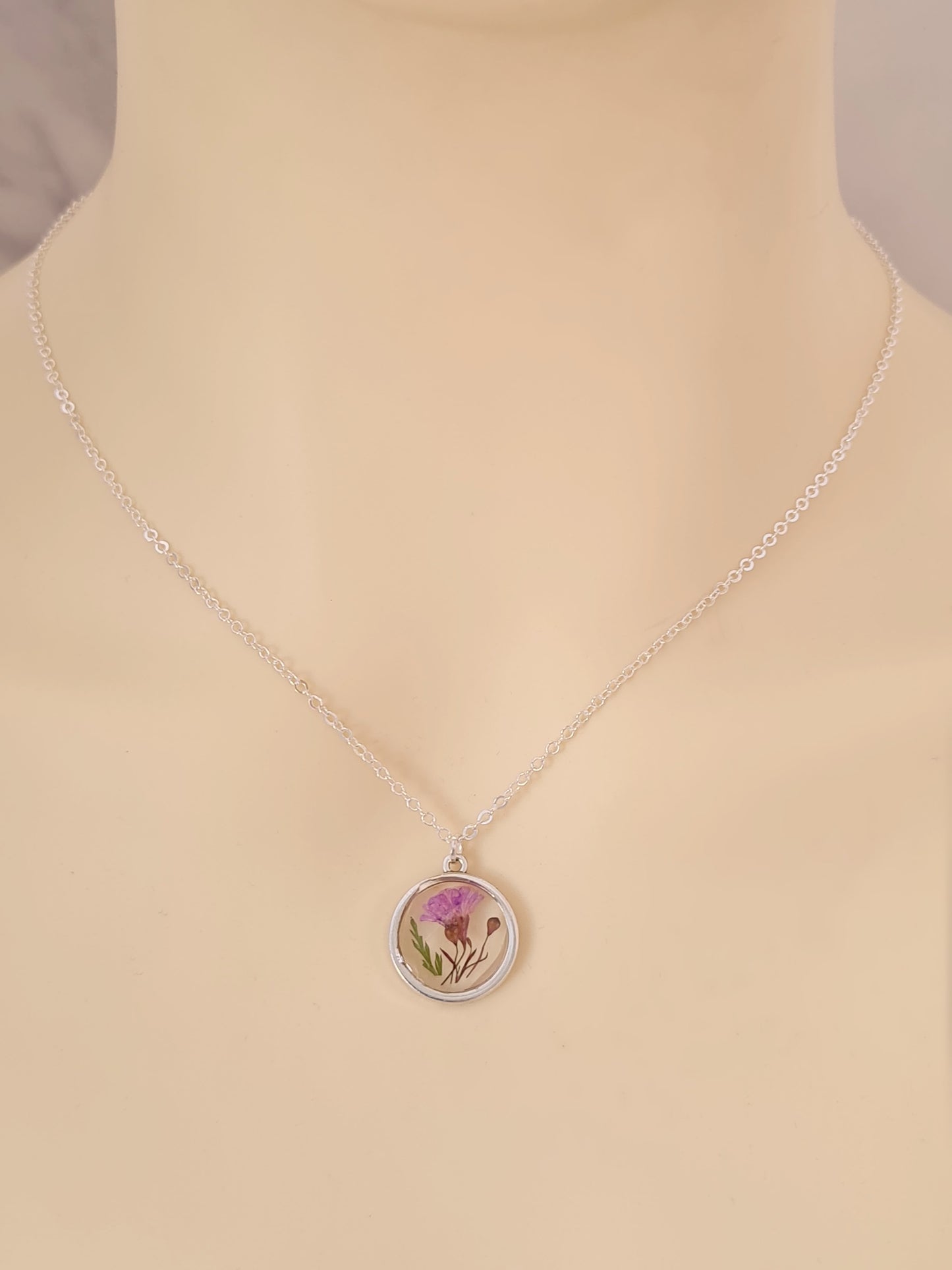 Purple Flower Fern Leaf Pendant Necklace