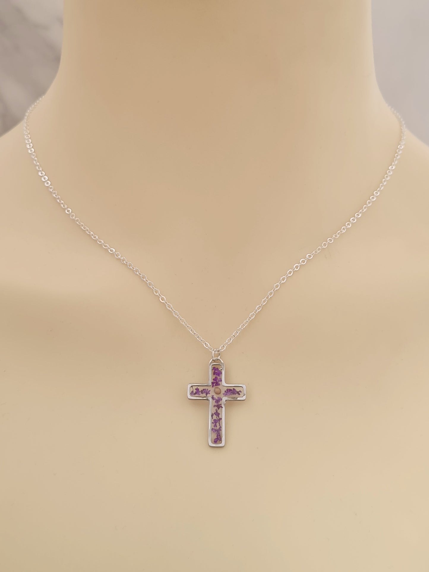 Purple Flower and Mustard Seed Cross Necklace