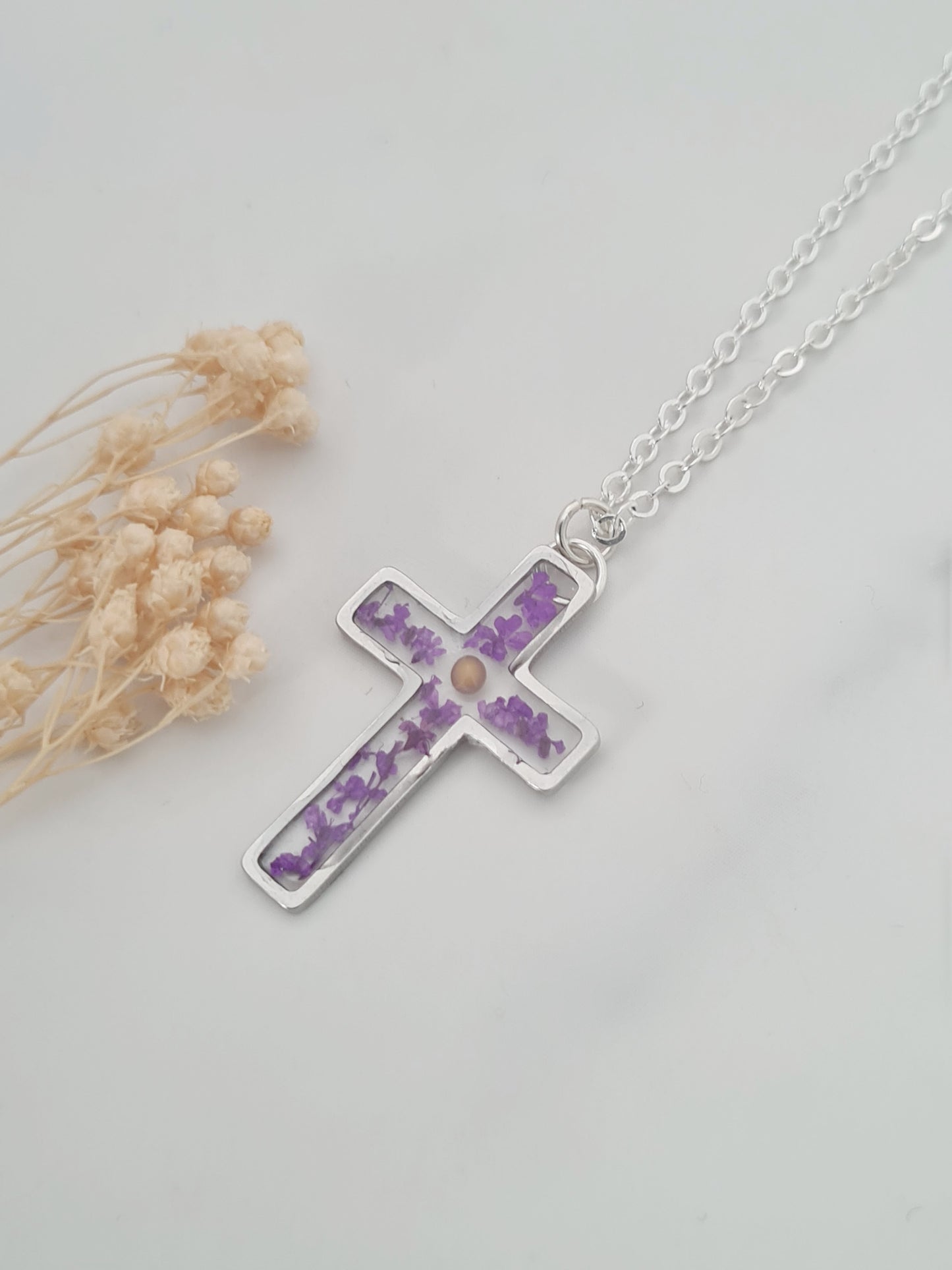 Purple Flower and Mustard Seed Cross Necklace