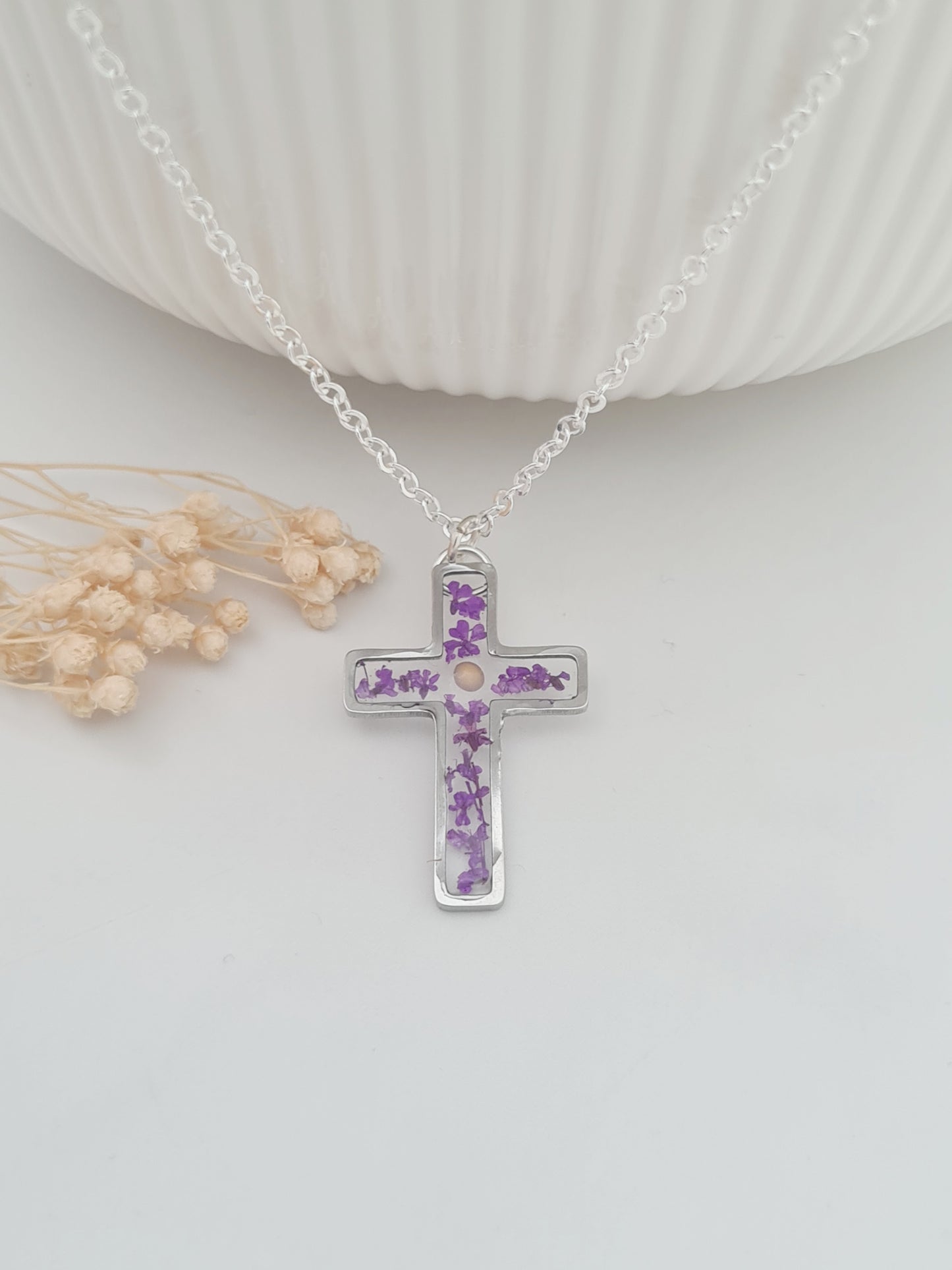 Purple Flower and Mustard Seed Cross Necklace