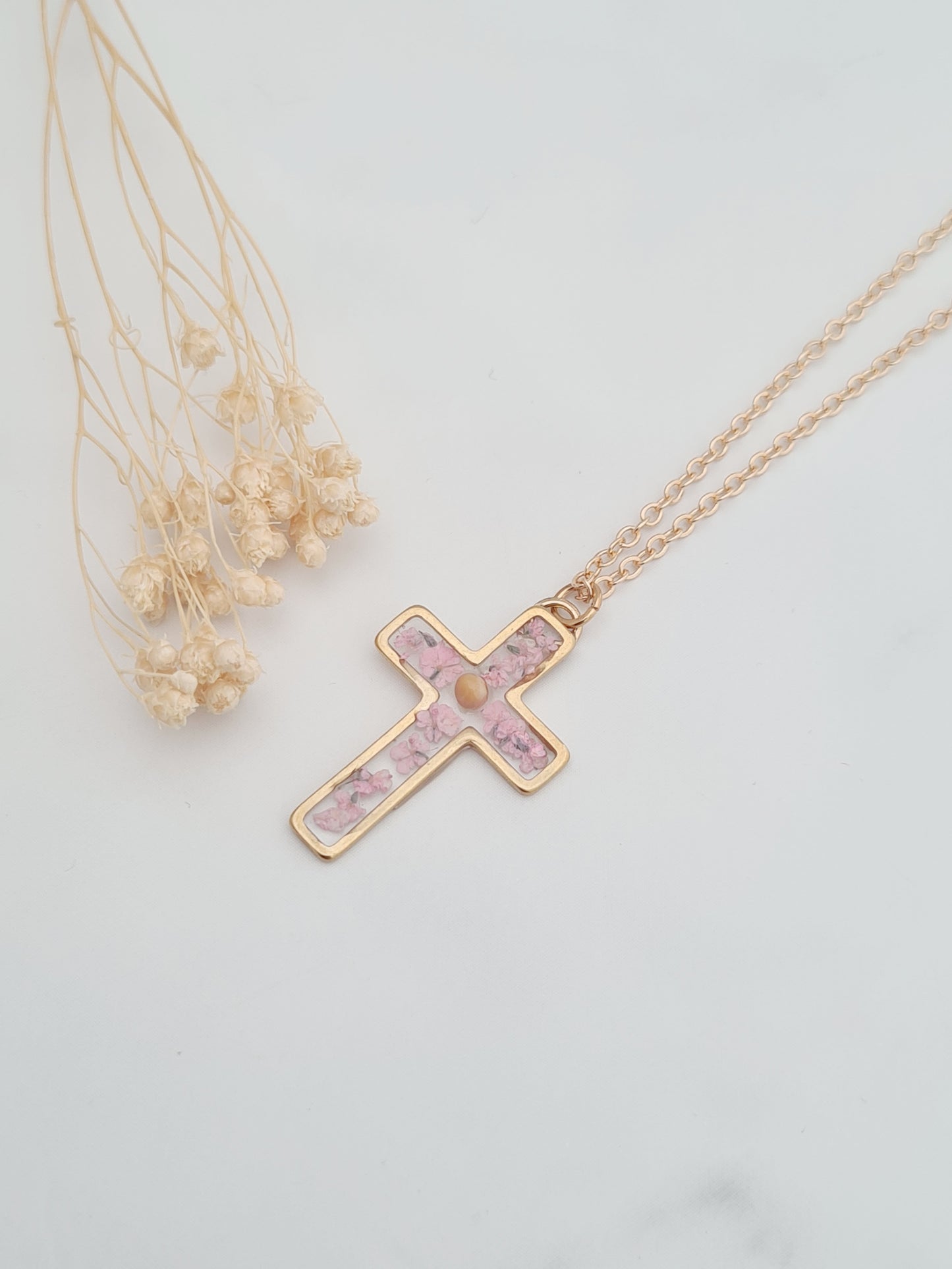 Mustard Seed and Pink Flower Necklace