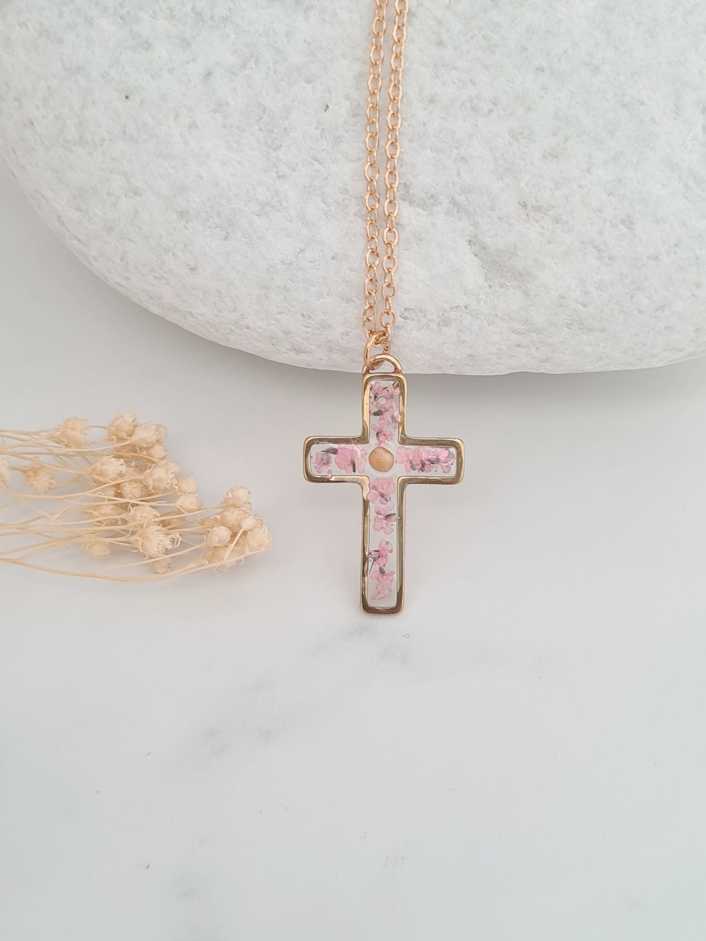 Mustard Seed and Pink Flower Necklace