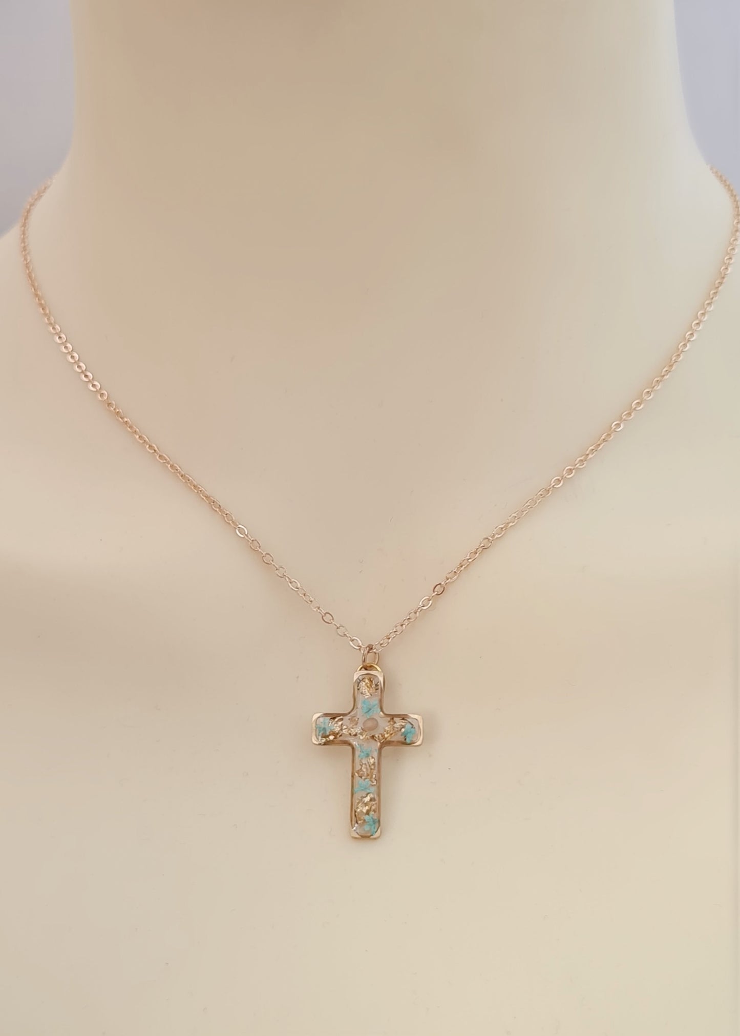 Gold and Turquoise Mustard Seed Cross Necklace