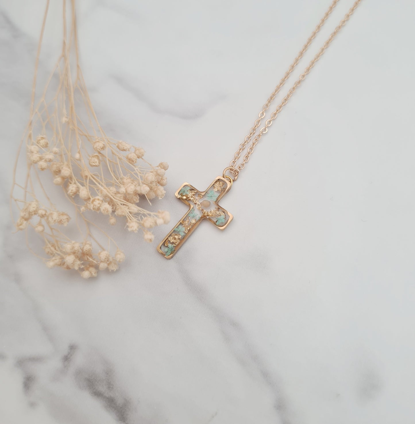 Gold and Turquoise Mustard Seed Cross Necklace