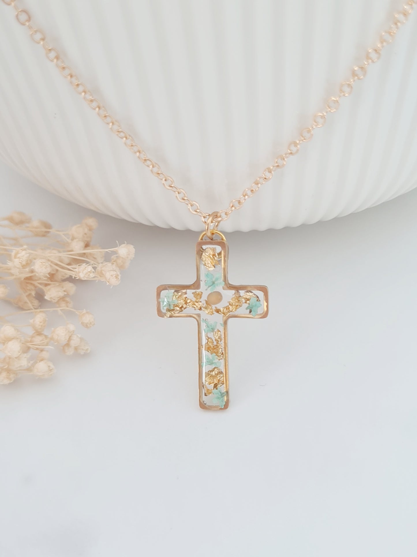Gold and Turquoise Mustard Seed Cross Necklace