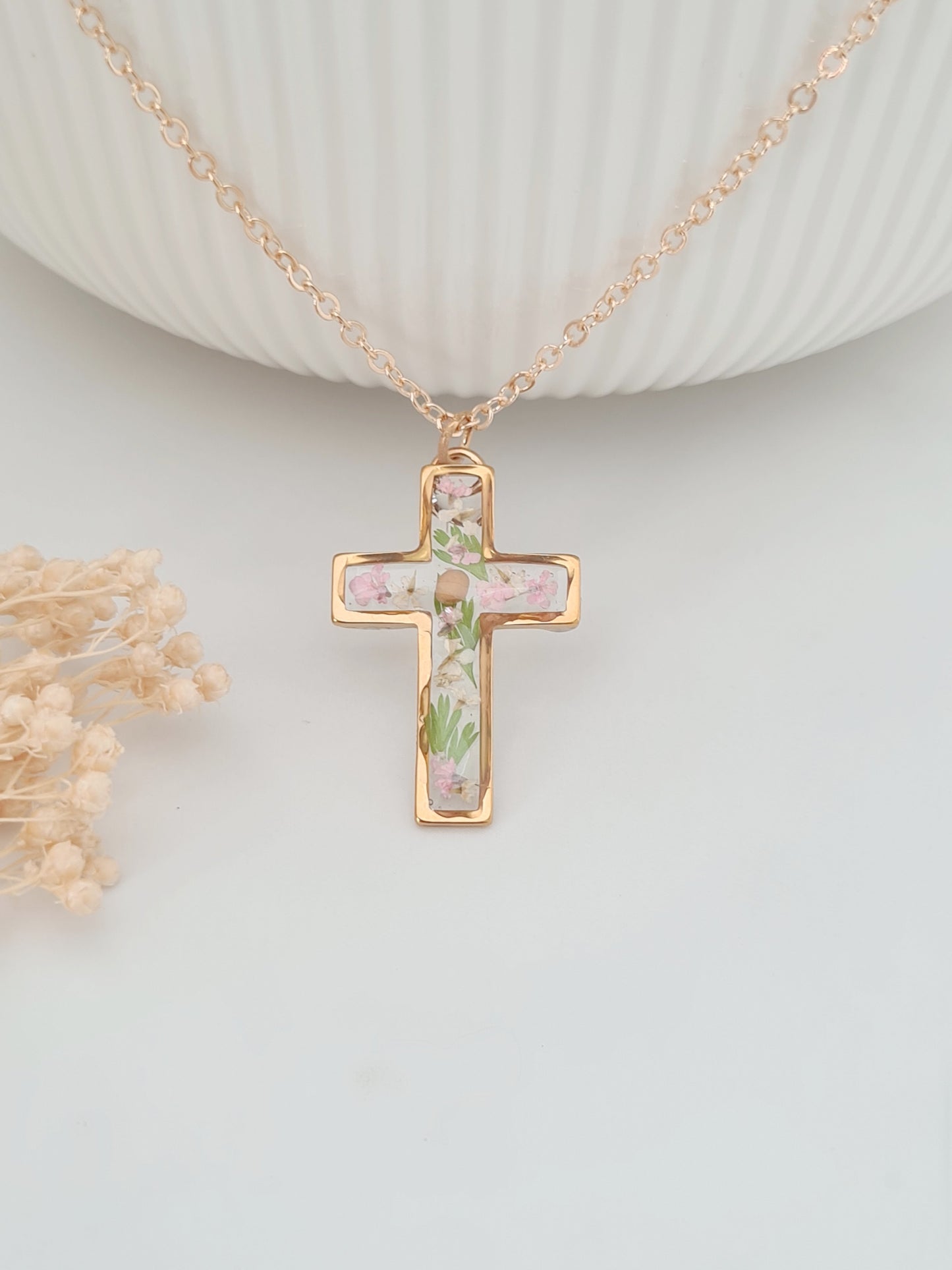 Mustard Seed Necklace with Fern Leaves and Pink Flowers