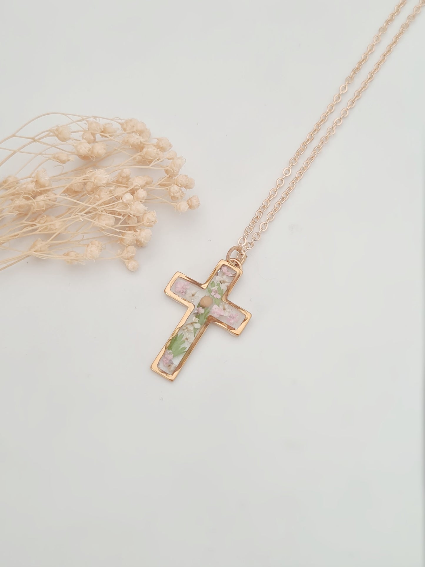 Mustard Seed Necklace with Fern Leaves and Pink Flowers