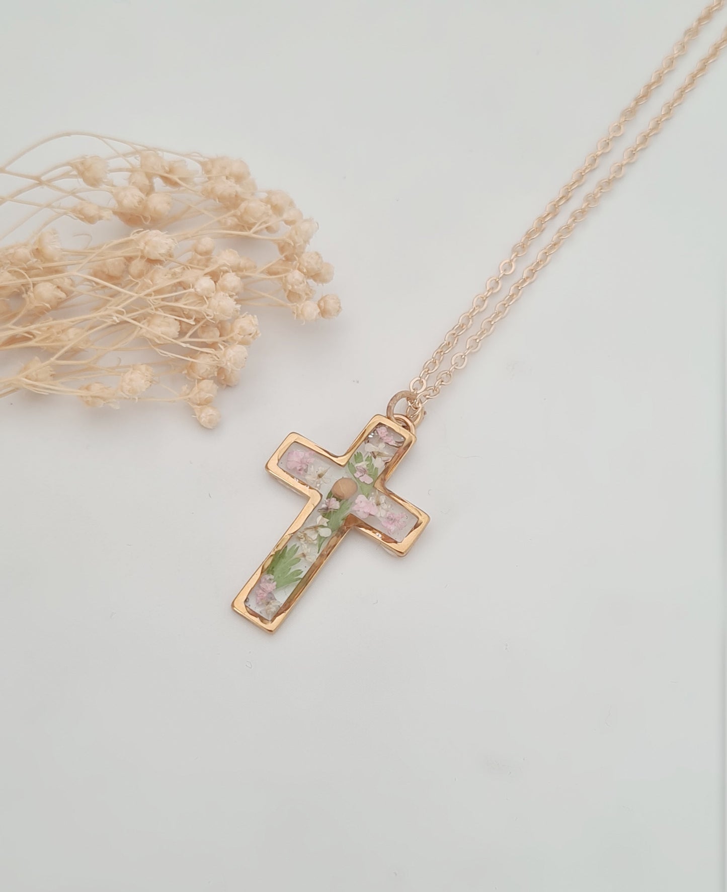 Mustard Seed Necklace with Fern Leaves and Pink Flowers