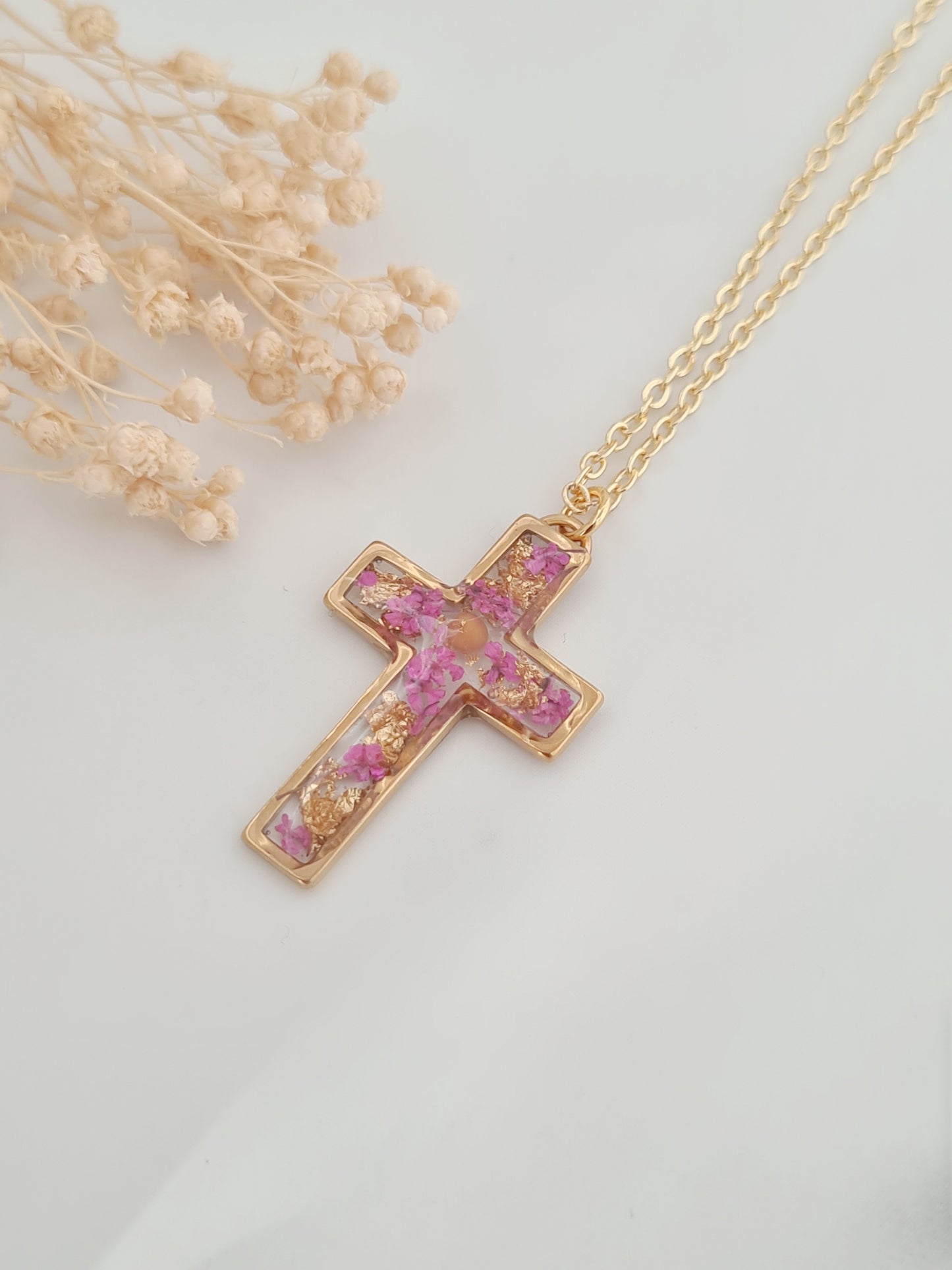 Pink and Gold Mustard Seed Cross Necklace