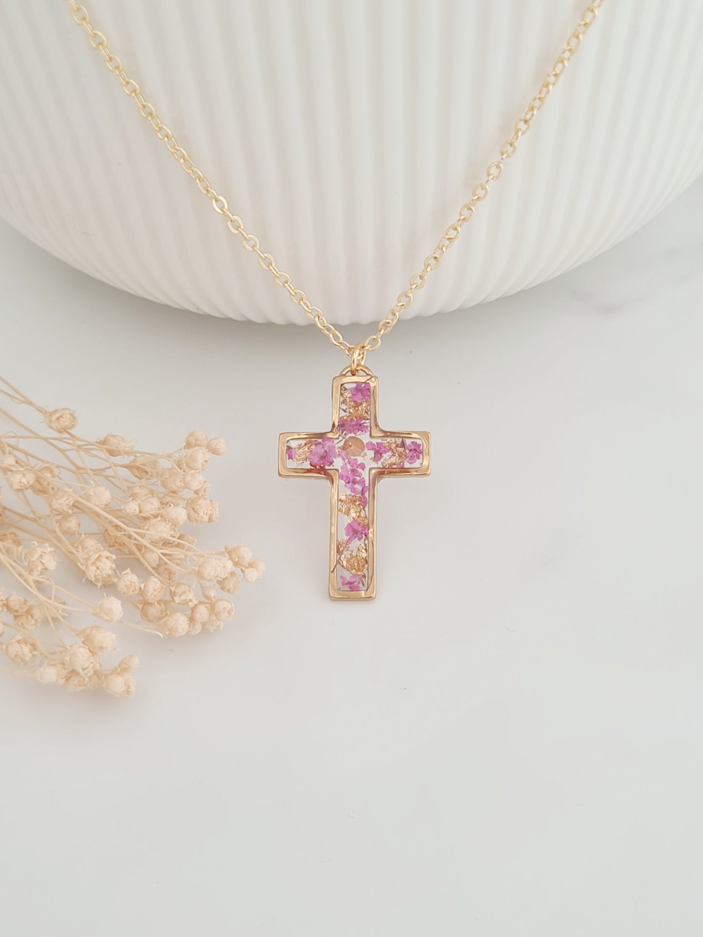 Pink and Gold Mustard Seed Cross Necklace