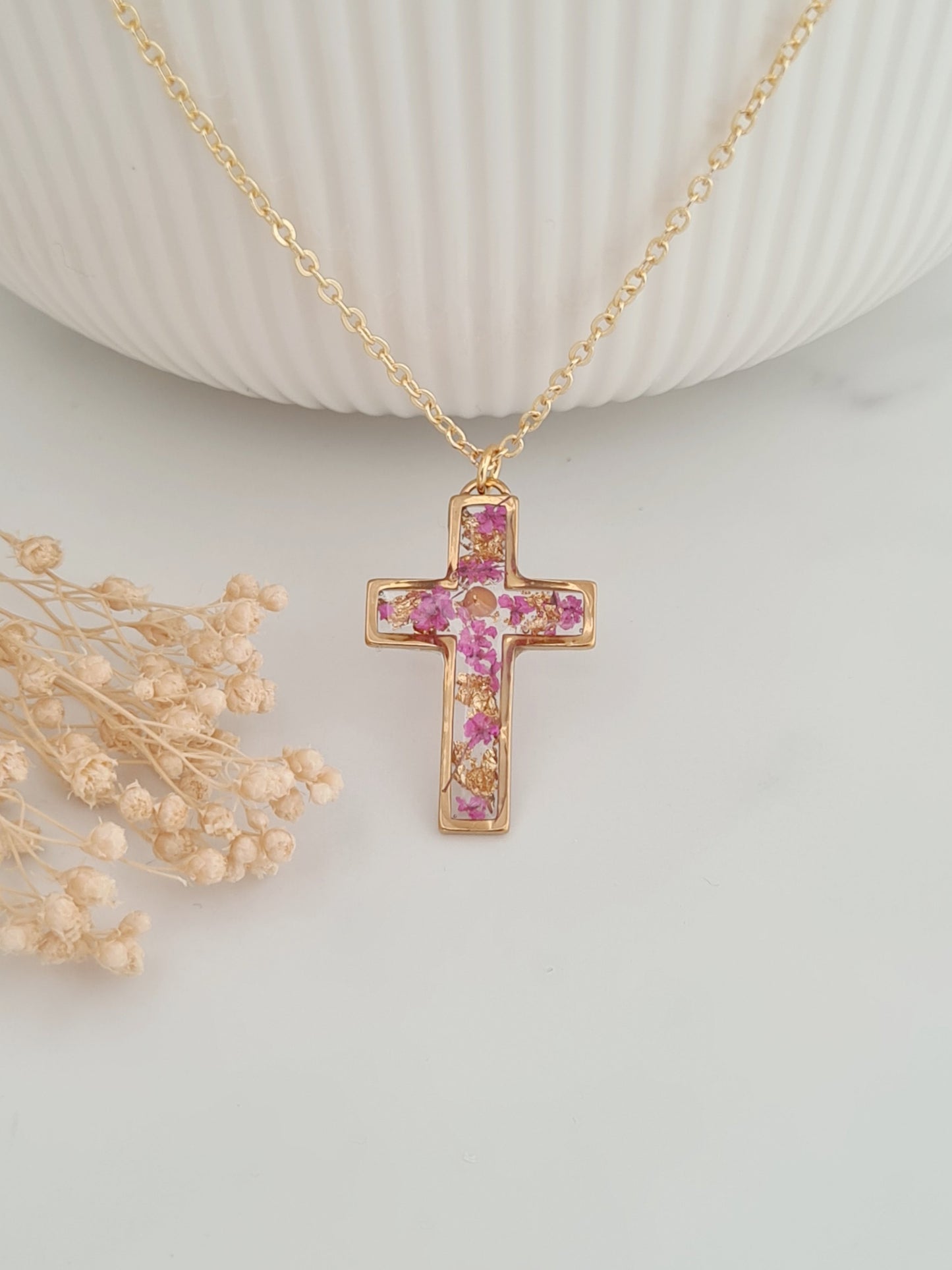 Pink and Gold Mustard Seed Cross Necklace