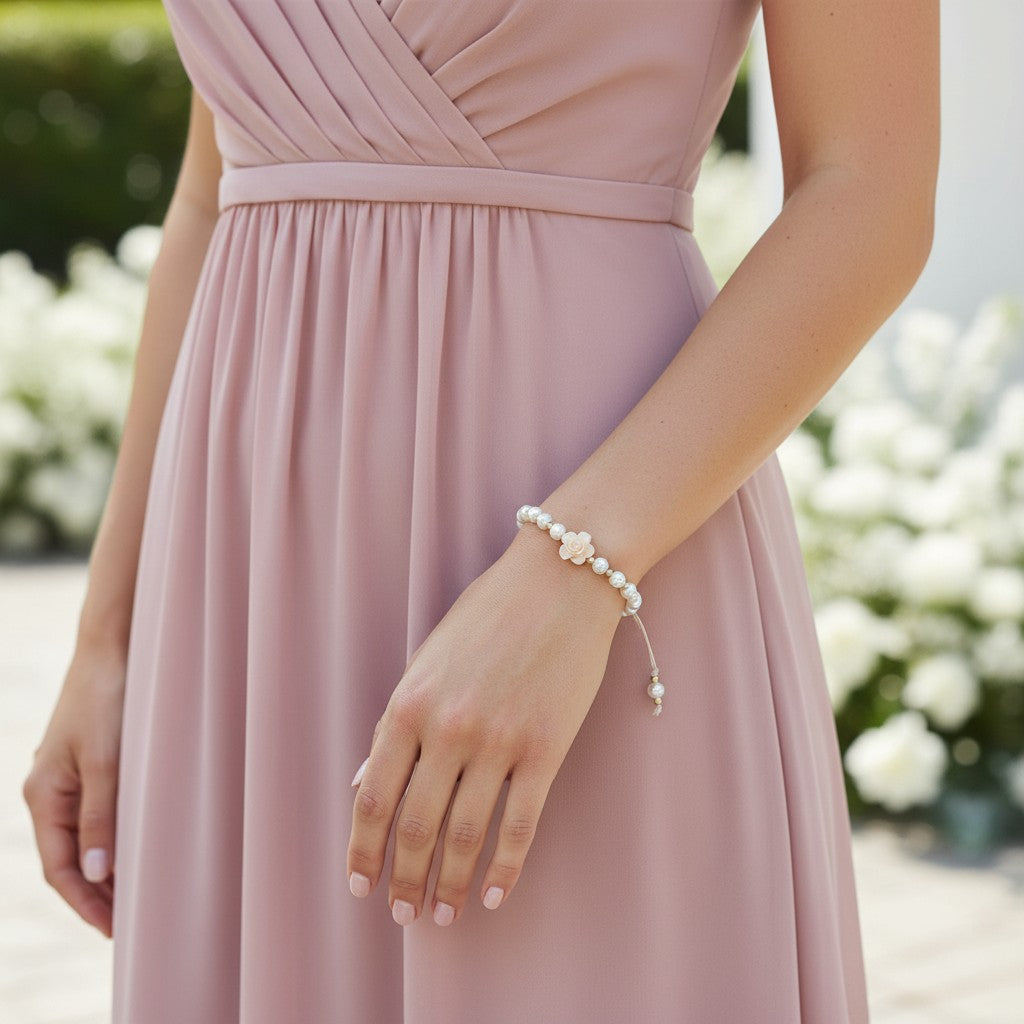 Bridal Party Pearl & Resin Rose Initial Bracelet – Personalised Wedding Gifts