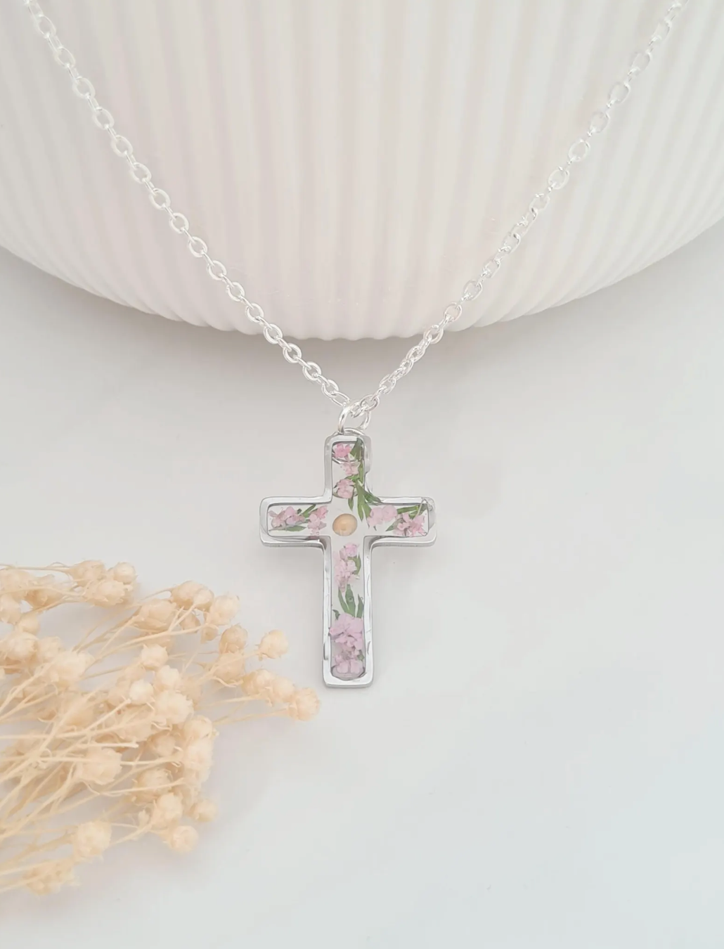 Pink Flower and Mustard Seed Silver Cross Necklace with Fern Leaves