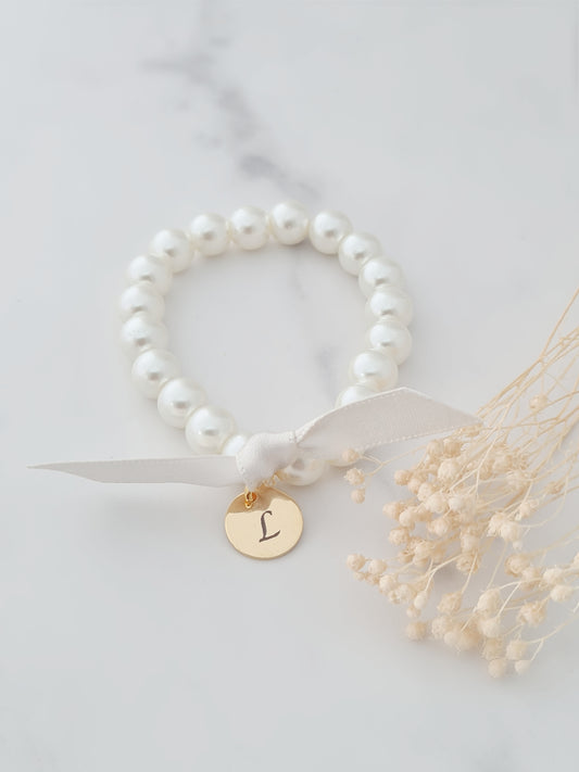 Gold Initial Pearl Ribbon Bracelet