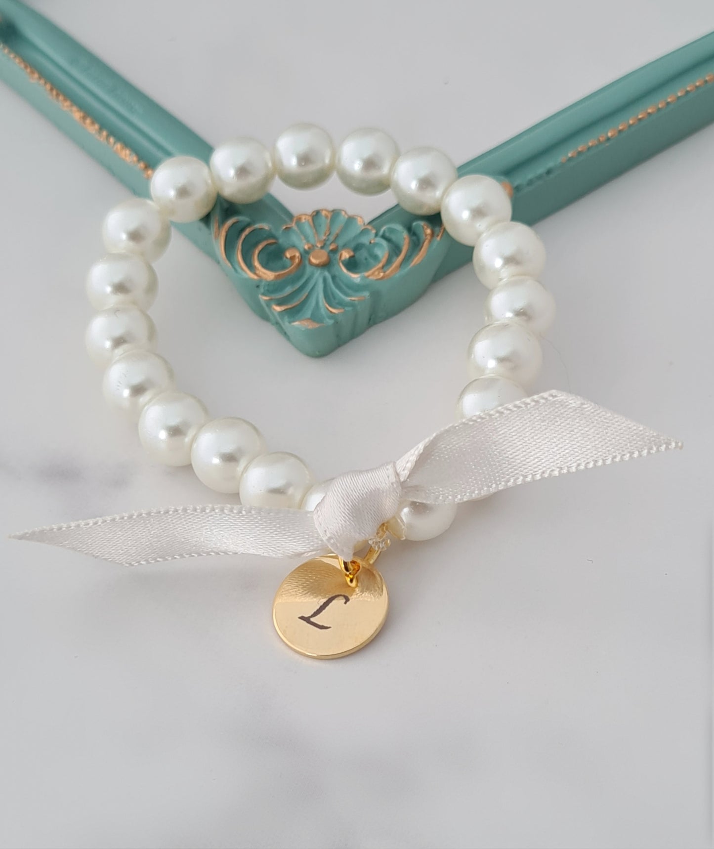 Gold Initial Pearl Ribbon Bracelet