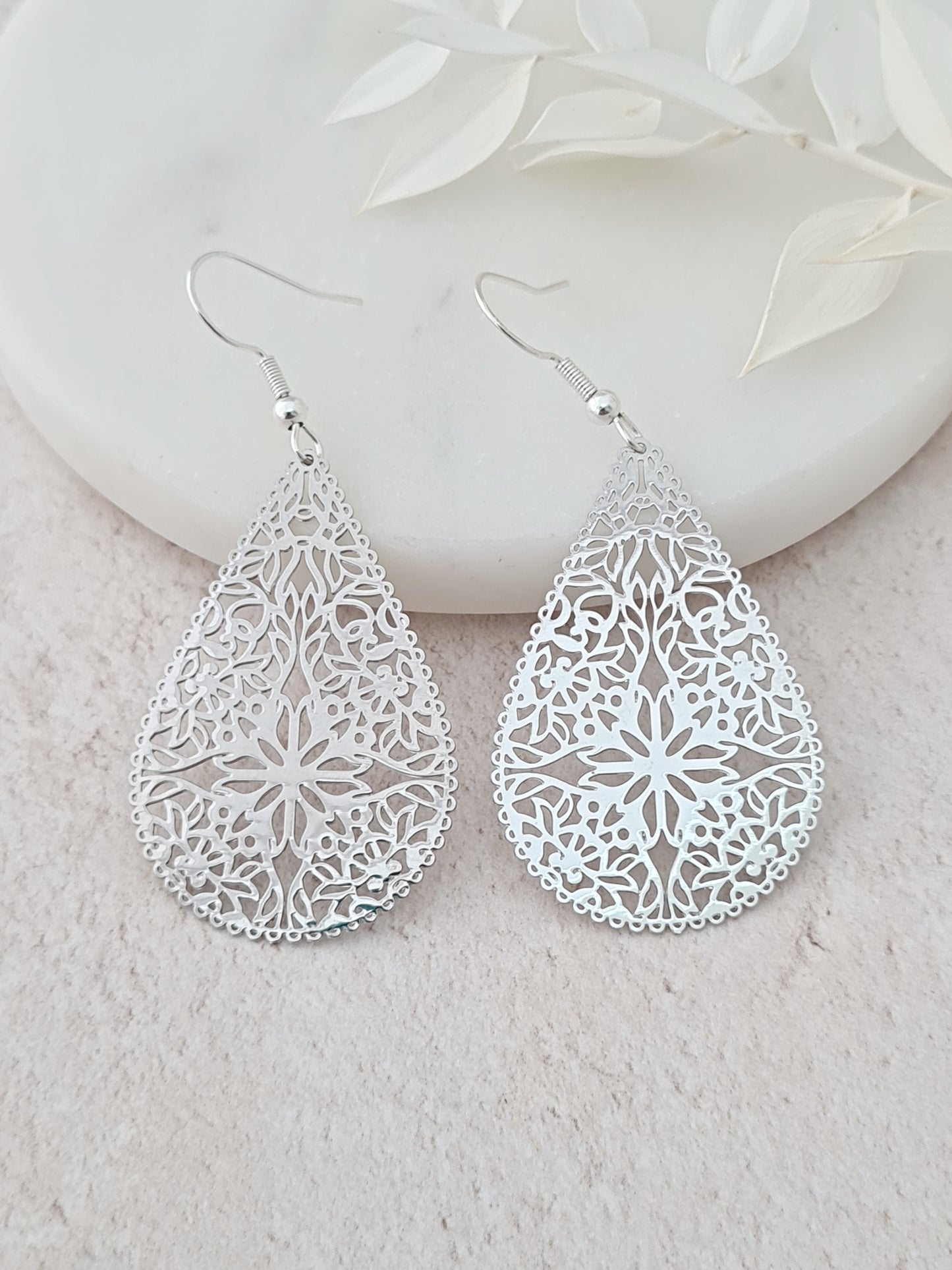 Silver Lace Filigree Dangle Earrings