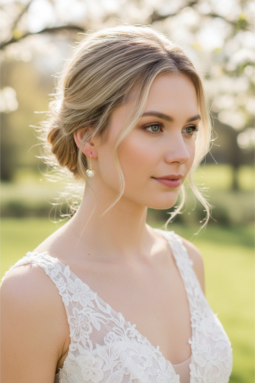 Dainty Pearl Leaf Capped Flower Dangle Earrings – Gold Plated