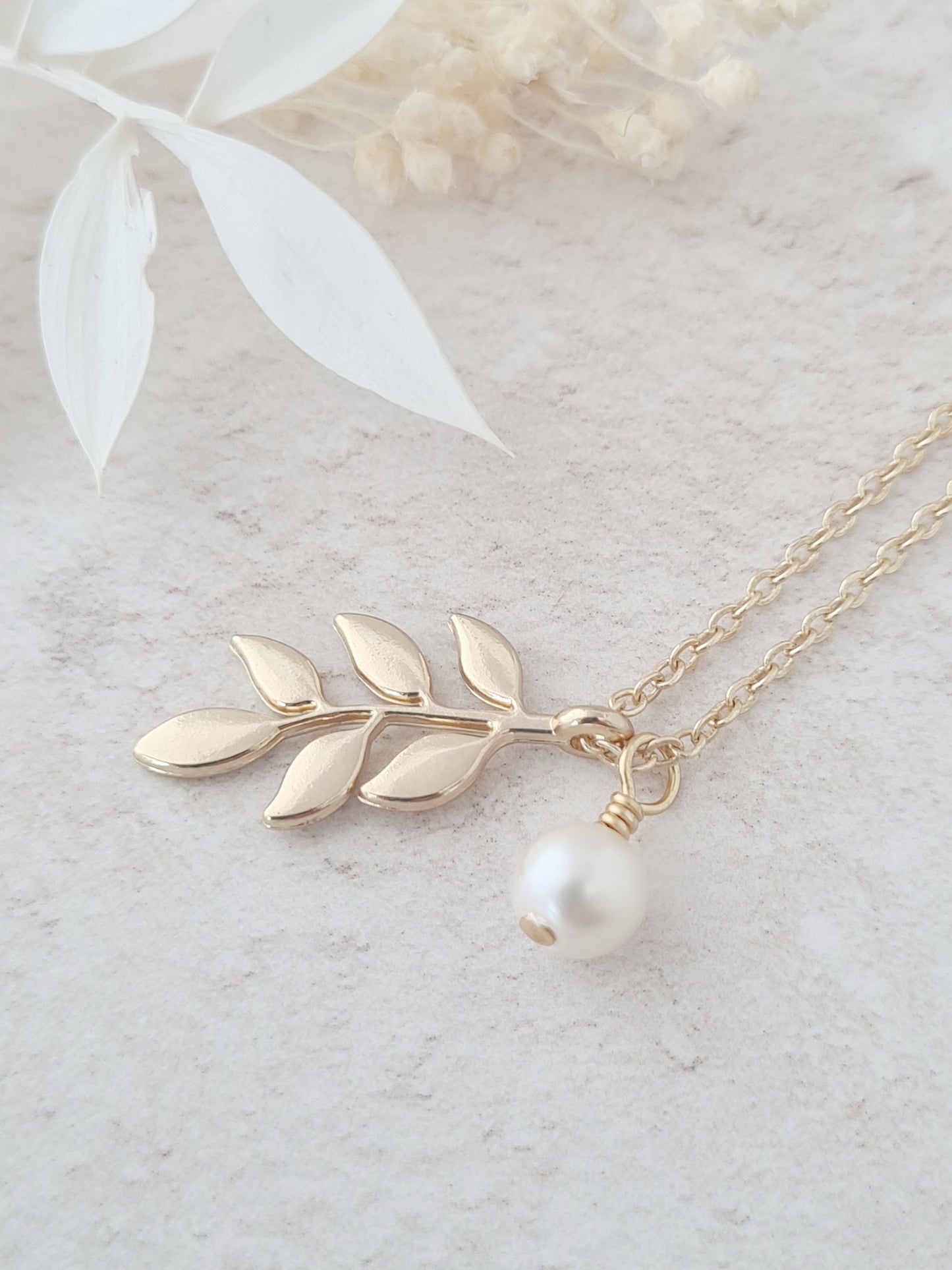 Leaf Pendant and Pearl Charm Necklace