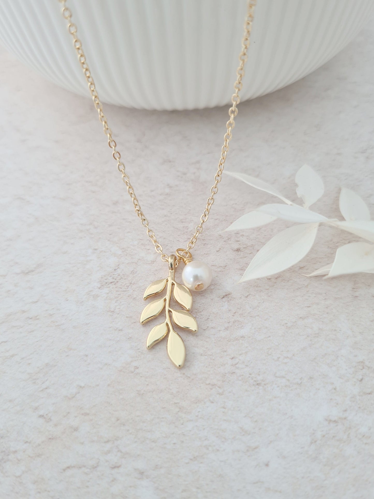 Leaf Pendant and Pearl Charm Necklace