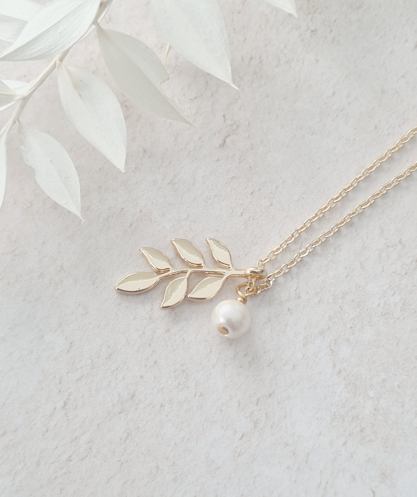 Leaf Pendant and Pearl Charm Necklace