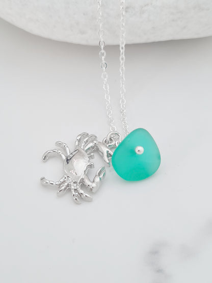 Crab and Green Sea Glass Necklace