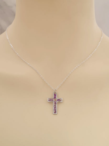 Purple Flower and Mustard Seed Cross Necklace