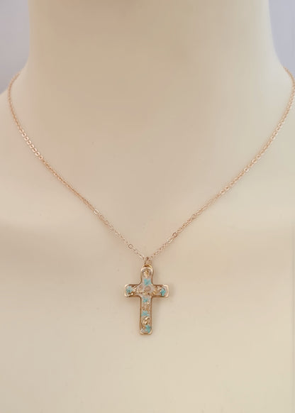 Gold and Turquoise Mustard Seed Cross Necklace