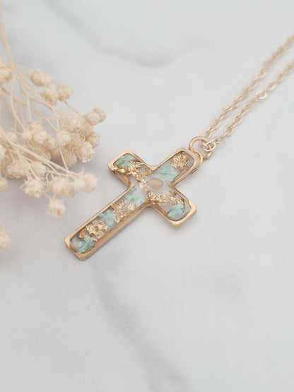 Gold and Turquoise Mustard Seed Cross Necklace