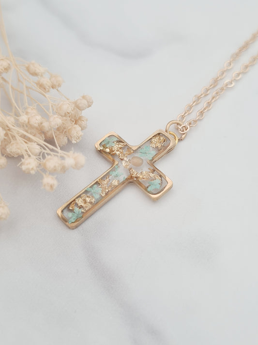 Gold and Turquoise Mustard Seed Cross Necklace