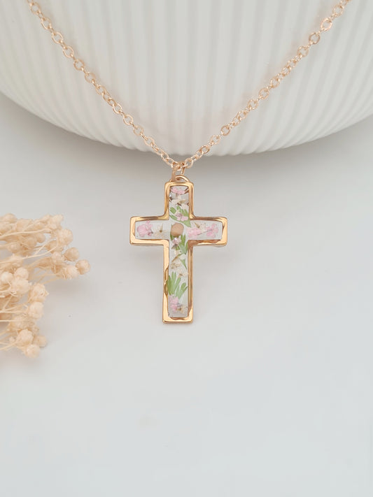 Mustard Seed Necklace with Fern Leaves and Pink Flowers