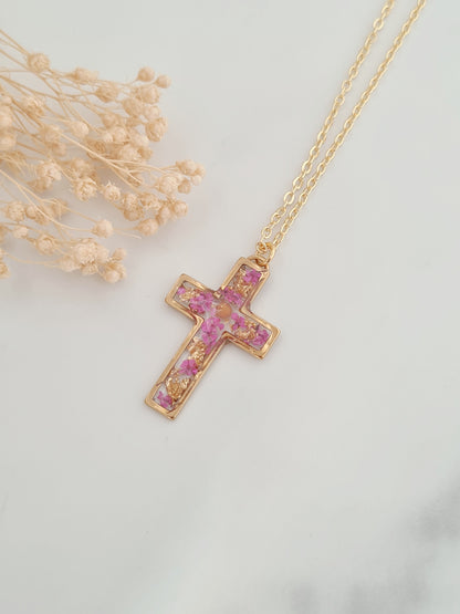 Pink and Gold Mustard Seed Cross Necklace