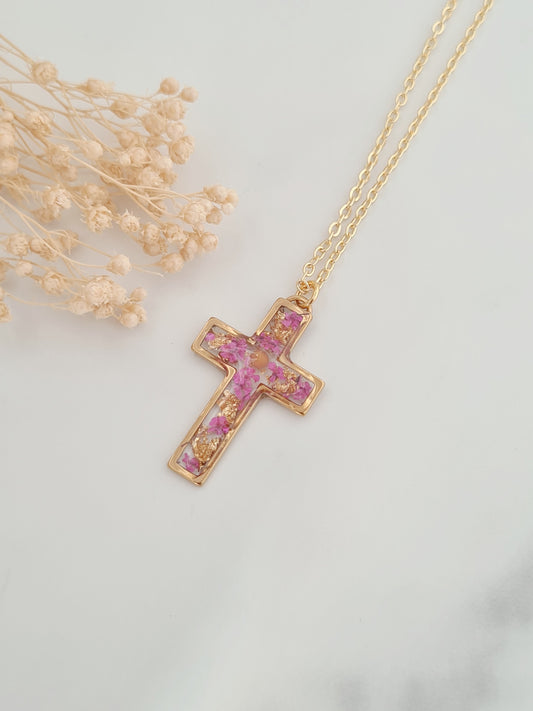 Pink and Gold Mustard Seed Cross Necklace
