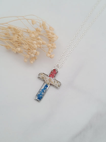 Red White and Blue Flower Cross Necklace with Mustard Seed