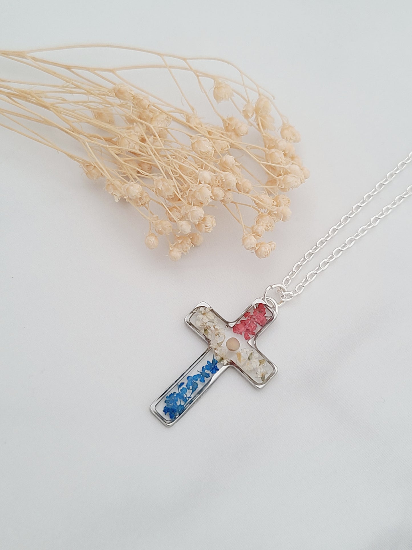 Red White and Blue Flower Cross Necklace with Mustard Seed