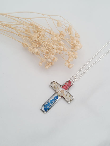 Red White and Blue Flower Cross Necklace with Mustard Seed