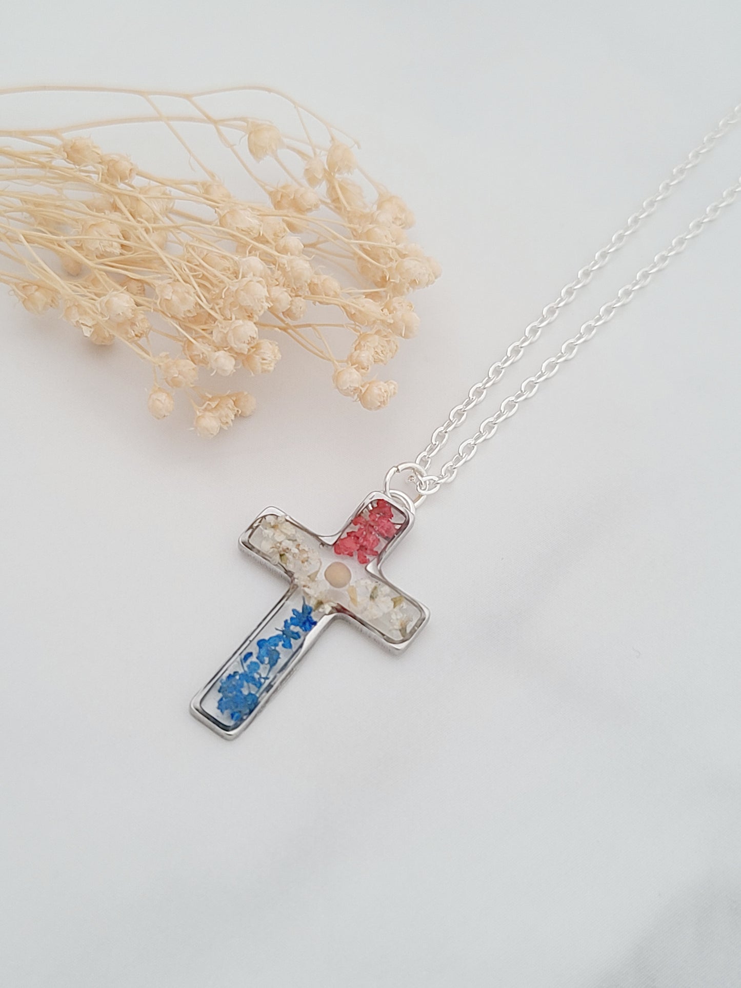 Red White and Blue Flower Cross Necklace with Mustard Seed