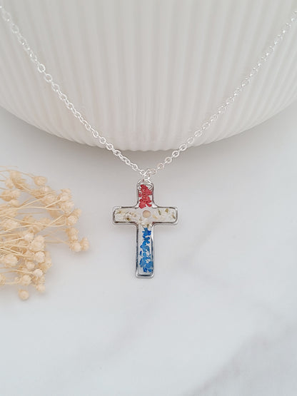 Red White and Blue Flower Cross Necklace with Mustard Seed
