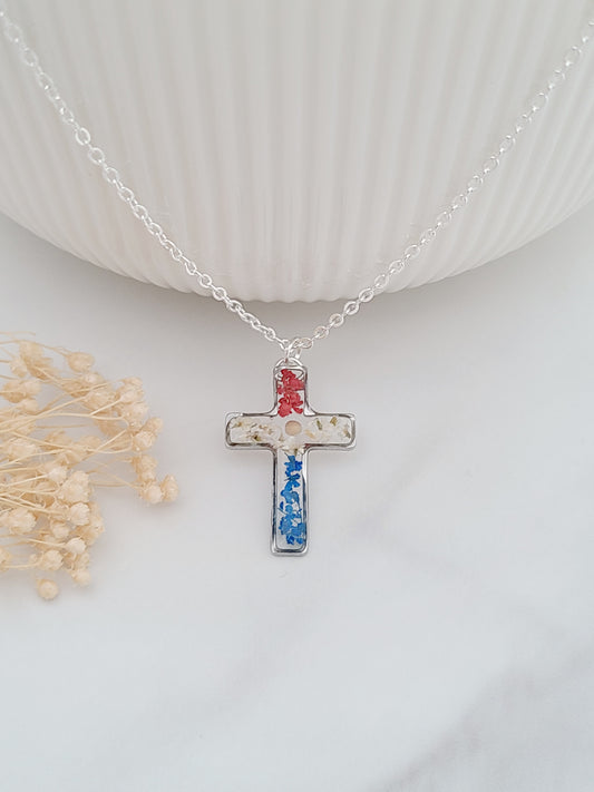 Red White and Blue Flower Cross Necklace with Mustard Seed