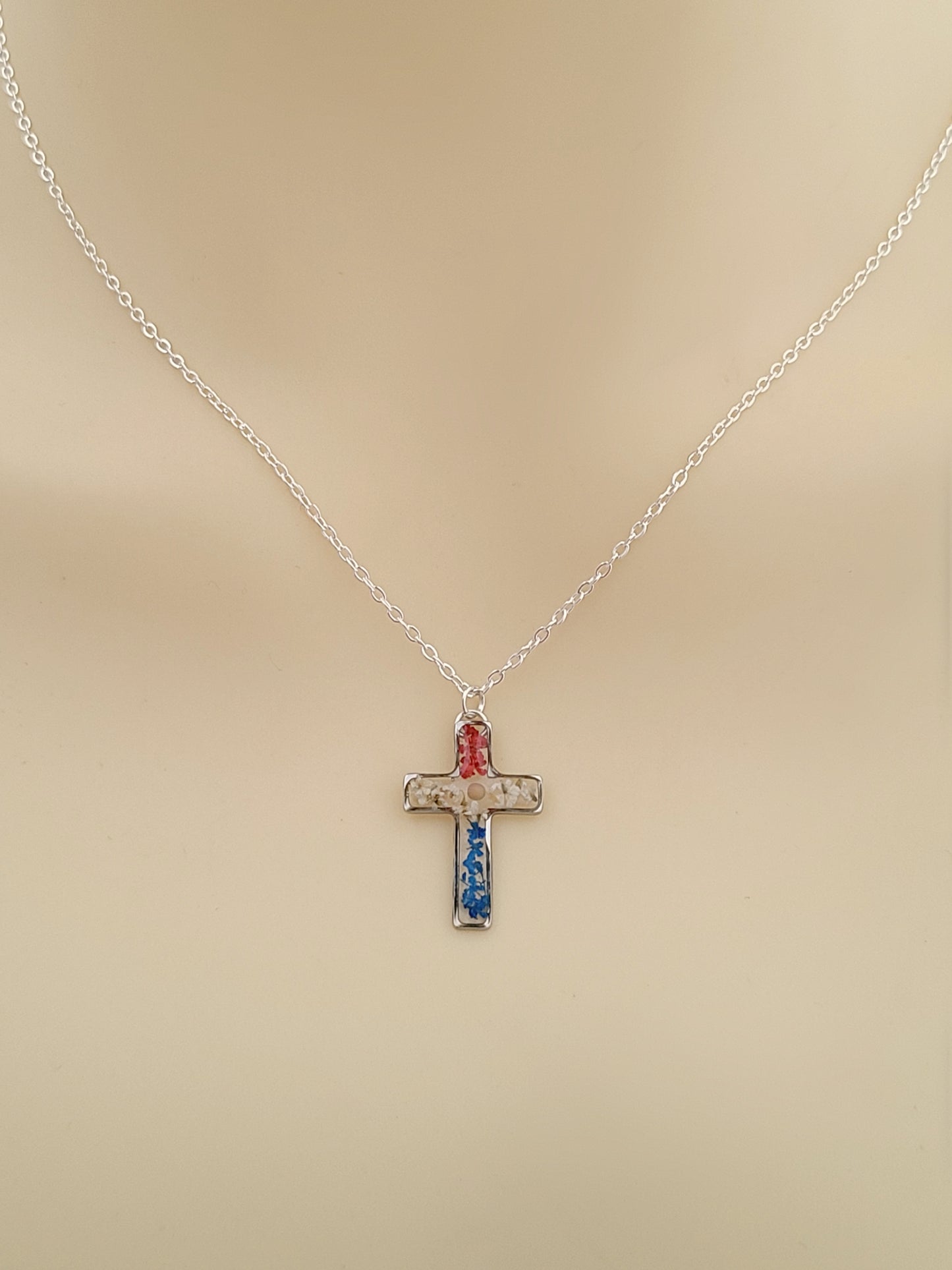 Red White and Blue Flower Cross Necklace with Mustard Seed