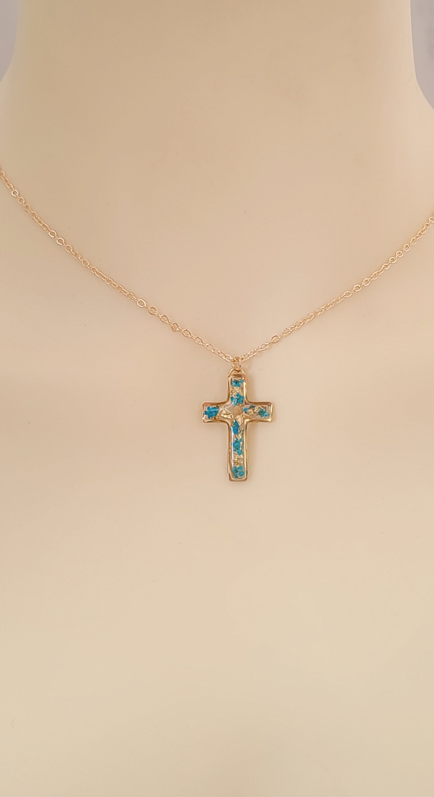 Turquoise and Gold Leaf Mustard Seed Cross Necklace