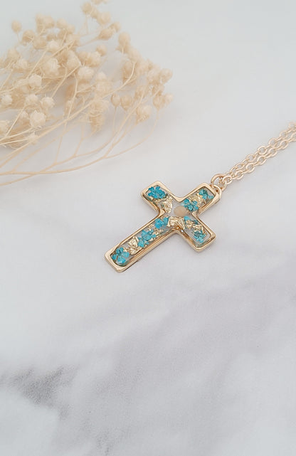 Turquoise and Gold Leaf Mustard Seed Cross Necklace