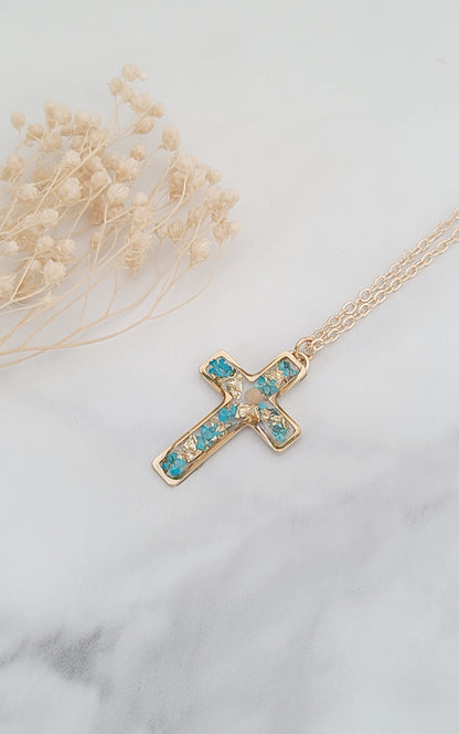 Turquoise and Gold Leaf Mustard Seed Cross Necklace