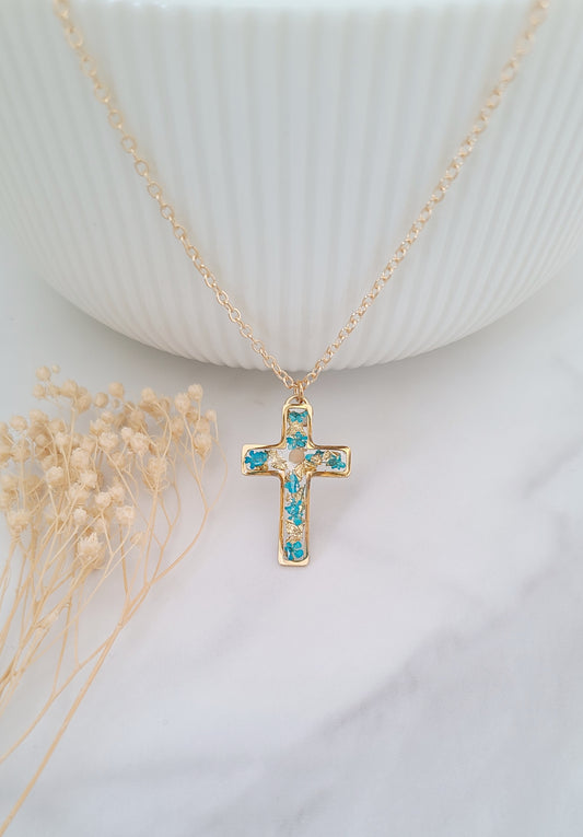 Turquoise and Gold Leaf Mustard Seed Cross Necklace