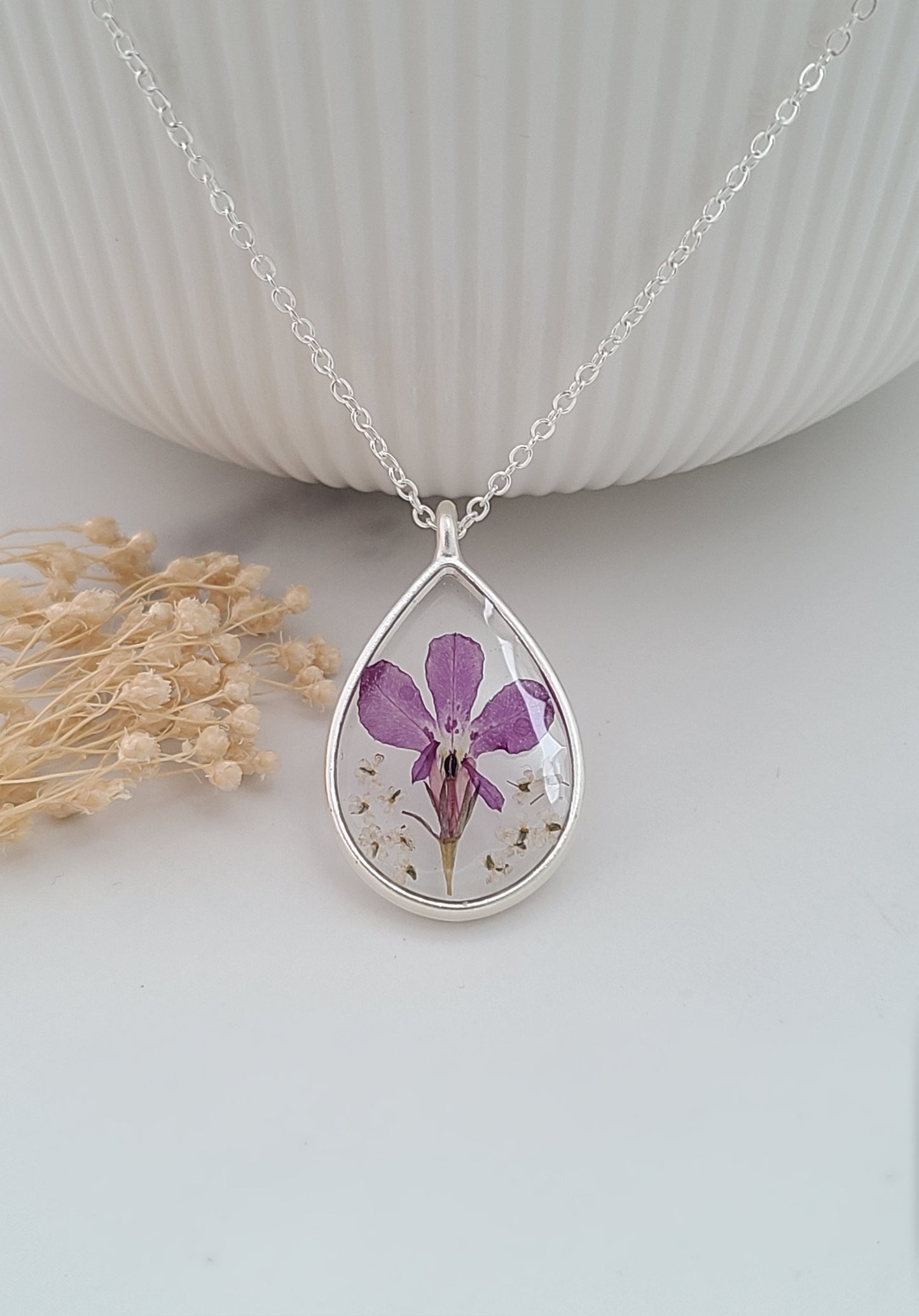 Purple Crocus and White Flower Necklace