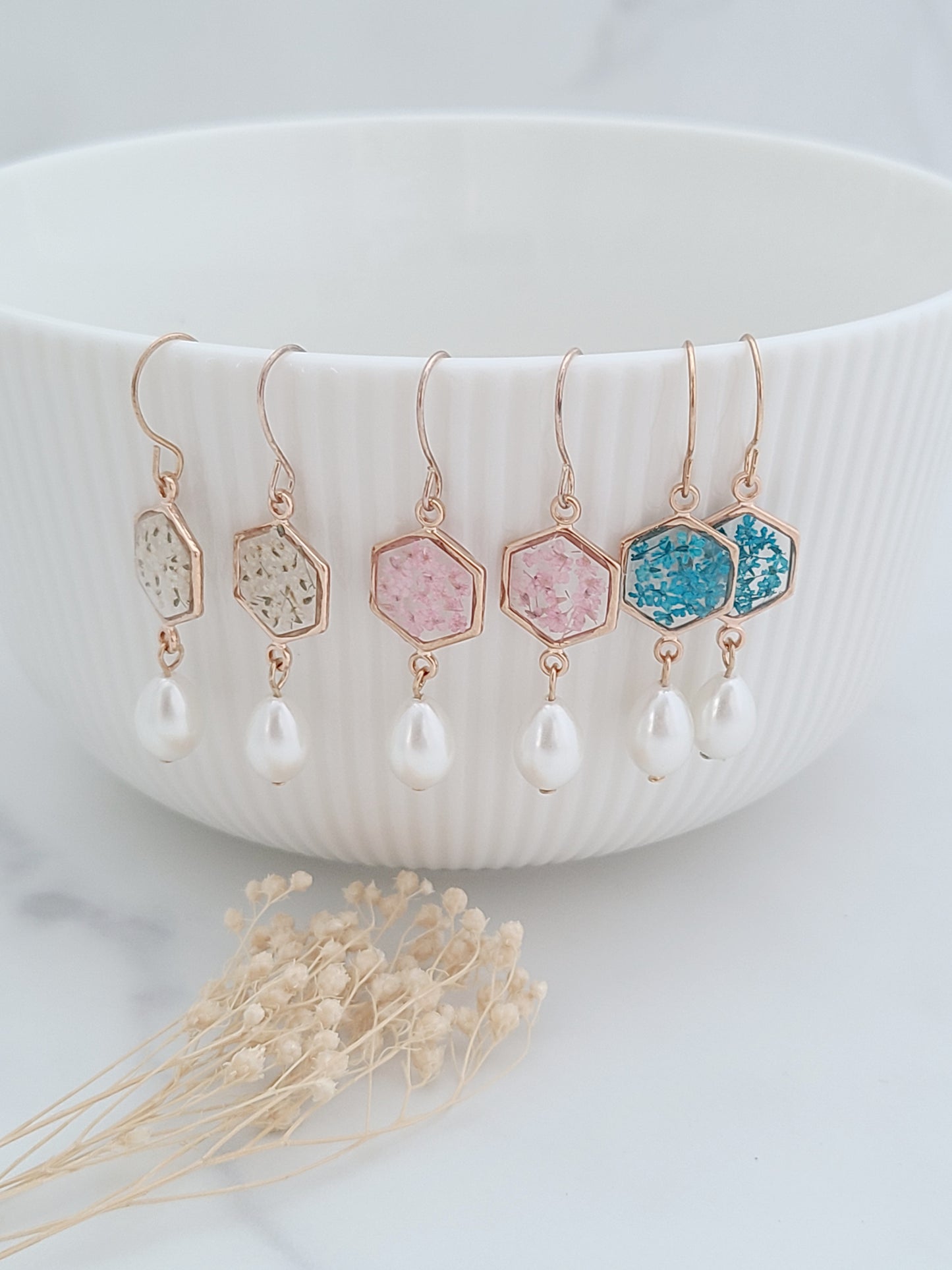 Pearl Drop and Real Flower Earrings