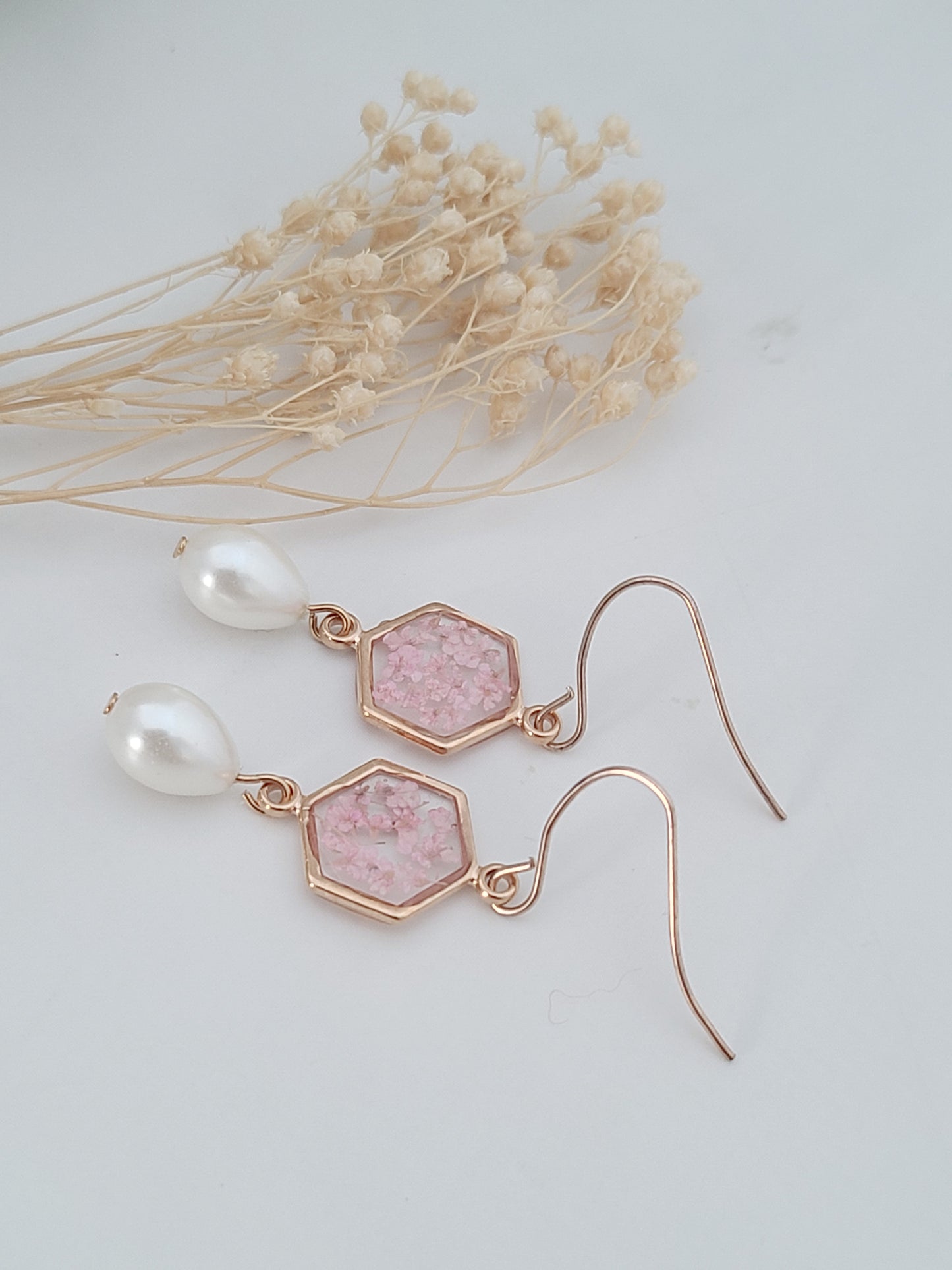 Pearl Drop and Real Flower Earrings