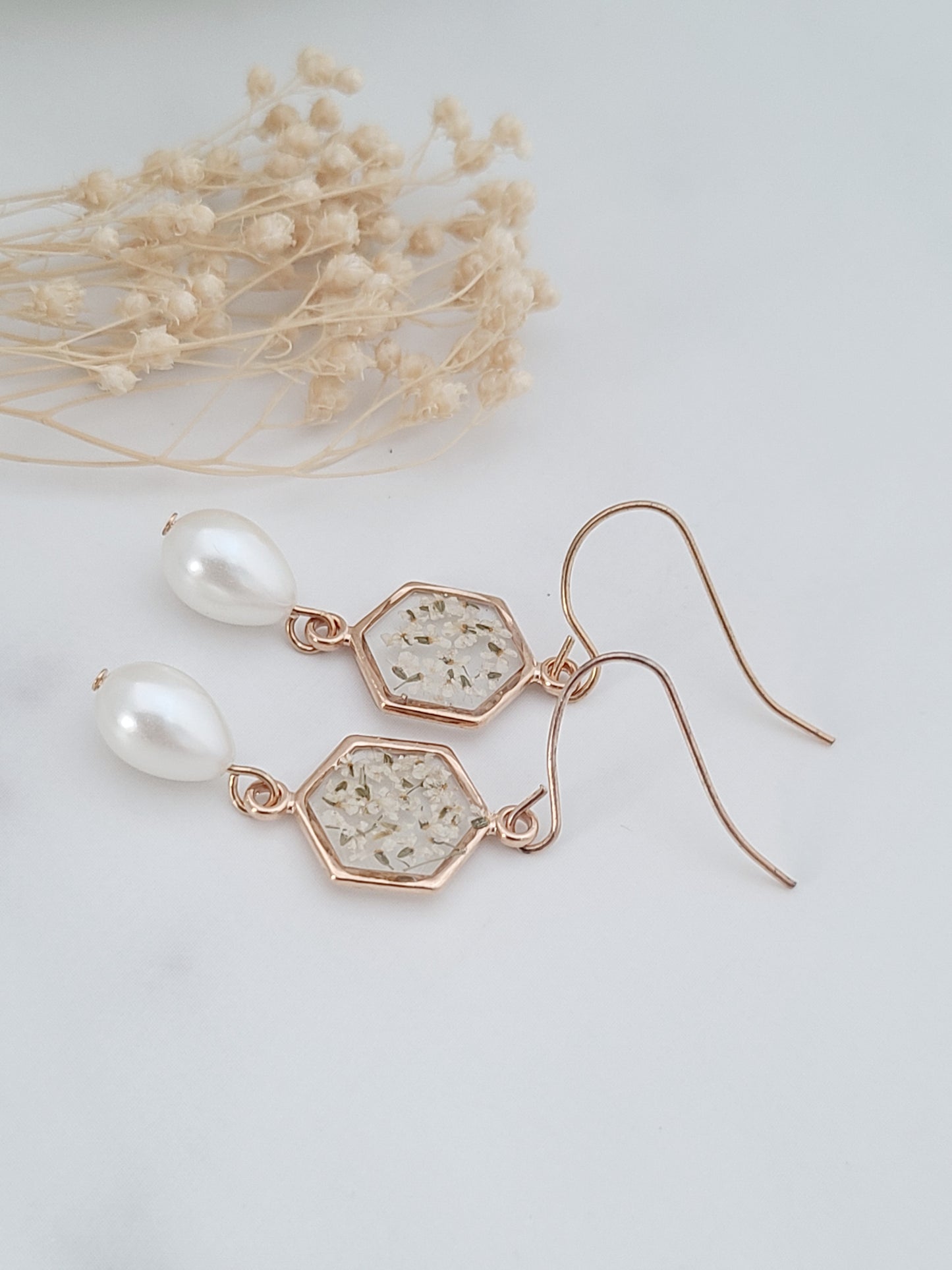 Pearl Drop and Real Flower Earrings